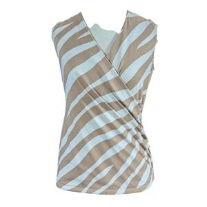 Ann Taylor Sleeveless Top Women SP Tan Zebra Faux Wrap V-Neck Quiet Luxury